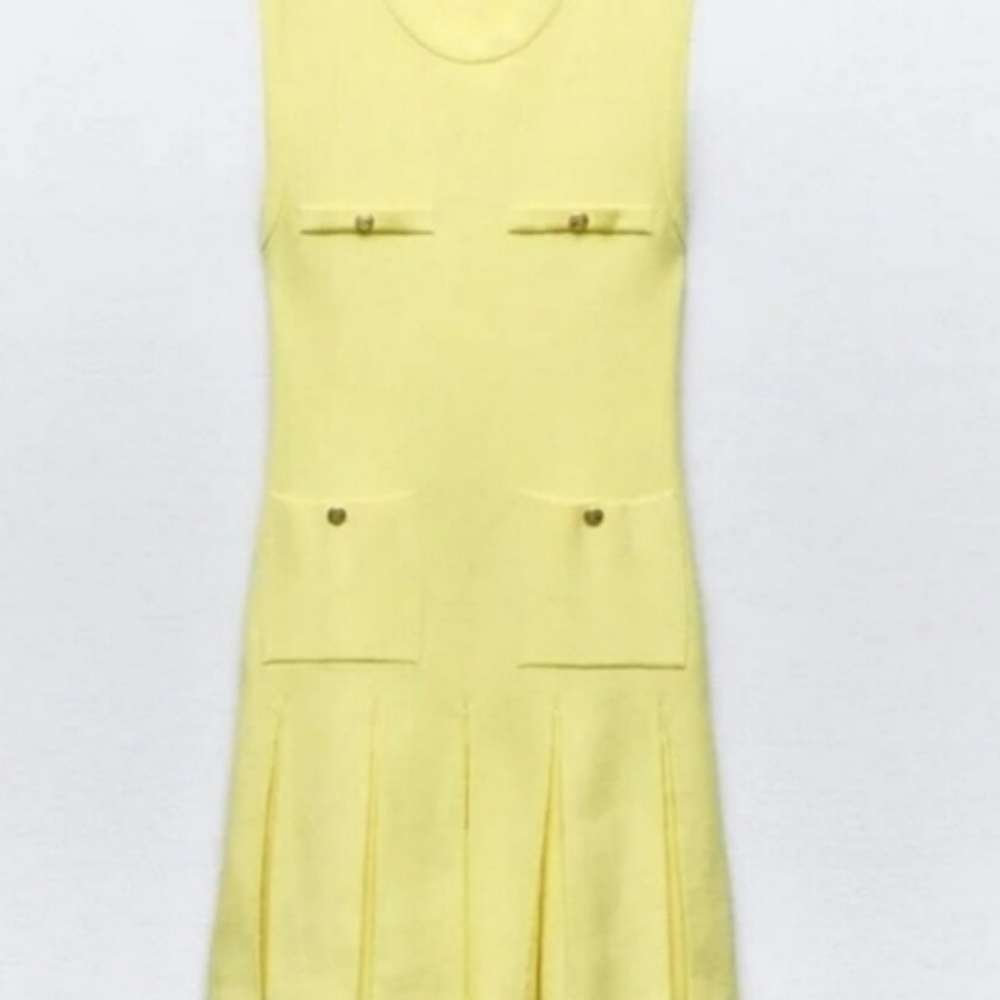 Zara Yellow Sleeveless Knit Dress with Gold Button Accents